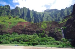 View of the backdrop and waterfall at Kalalau Beach