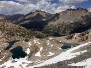 View looking down at the Rae Lakes basin from the top of Glen Pass.