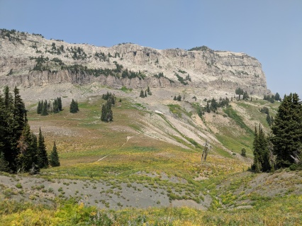 View along the Teton Crest Trail looking up at Fox Creek Pass and the start of the Death Canyon Shelf