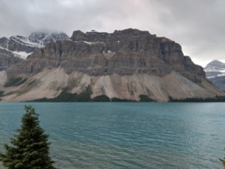 View of Bow Lake and the Crowfoot Mountain backdrop as seen from a turn on the Icefields Parkway.
