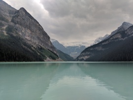 View from the shore of Lake Louise looking towards the Plain of Six Glaciers.