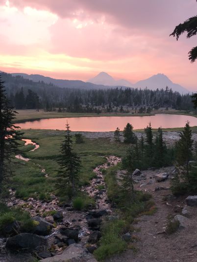 Sunset view from the night one camp at Golden Lake in the Three Sisters Wilderness