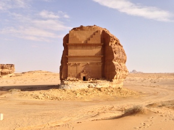The Qaṣr Al-Farīd Nabataean tomb is one of the largest tombs at the site and is cut into an isolated outcrop, at Mada'in Saleh in Saudi Arabia