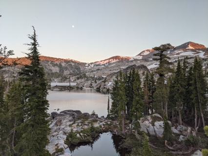 Sunset view from our campsite on Fontanillis Lake in Desolation Wilderness